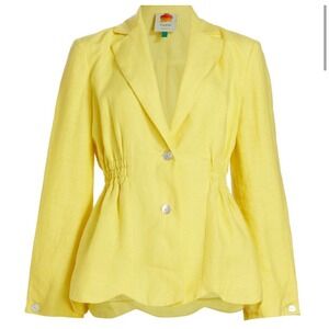 FARM Rio Bright Yellow Linen Blazer Scalloped Hem Button Front Jacket